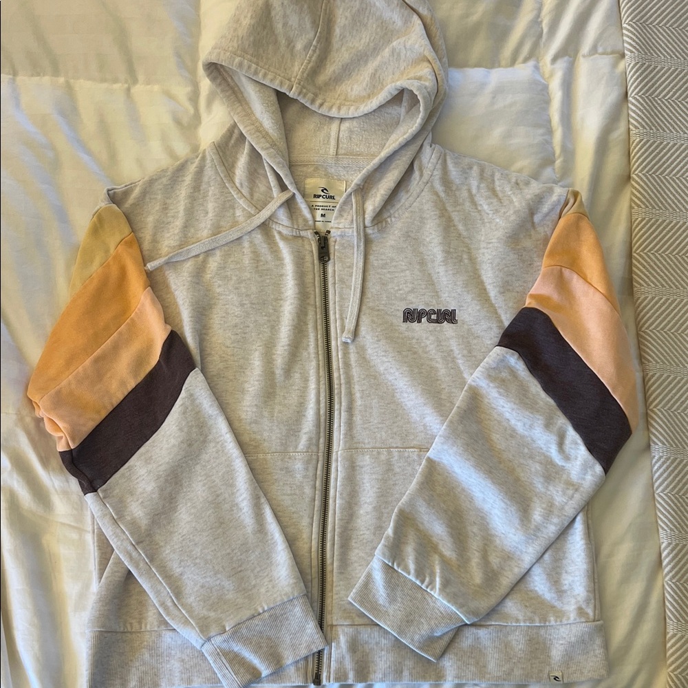 Oatmeal Zip-Up Hoodie with Color Block Sleeves